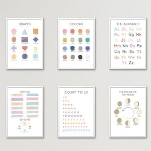 Juego de 8 carteles educativos de acuarela, arte de pared imprimible para el aprendizaje, alfabeto, formas, colores, números, meses, clima, listo para imprimir