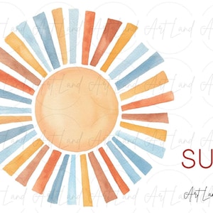 Watercolor Sun Clipart – 1 Hand-Painted Terracotta Blue Sun PNG for Summer DIY Projects, Beach Theme, Free Commercial Use