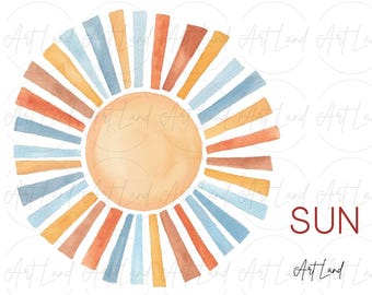 Watercolor Sun Clipart – 1 Hand-Painted Terracotta Blue Sun PNG for Summer DIY Projects, Beach Theme, Free Commercial Use
