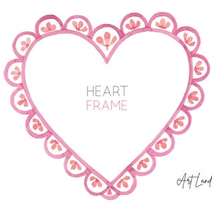 Puede incluir: Marco de corazón de acuarela rosa con borde festoneado y pequeños detalles de flores. El texto "HEART FRAME" está escrito en el centro del marco.