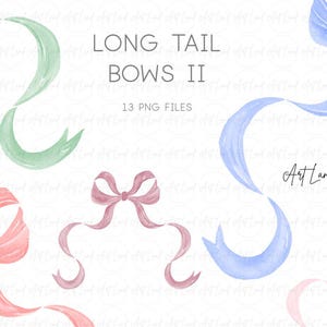 Pode incluir: Ilustração em aquarela de laços de cauda longa em cores pastel. A imagem apresenta laços em tons de rosa, azul e verde. O texto diz "LONG TAIL BOWS II" e "13 PNG FILES". A assinatura do artista "Art Land" também está presente.