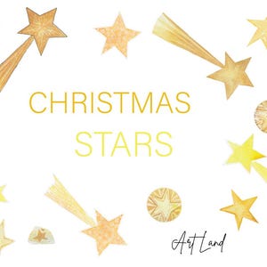 May include: Watercolor illustration of gold stars and shooting stars with the text "CHRISTMAS STARS" and the signature "Art Land".