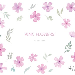 May include: A collection of 53 watercolor pink flowers with green leaves. The flowers are in various sizes and shapes. The text "PINK FLOWERS" and "53 PNG FILES" is written in the center of the image. The text "Art Land" is written in the bottom right corner of the image.