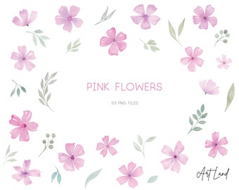 Watercolor Pink Flowers, Leaves: 53 Hand-Painted Elements (PNG, Digital Download, Free Commercial Use, No-AI)