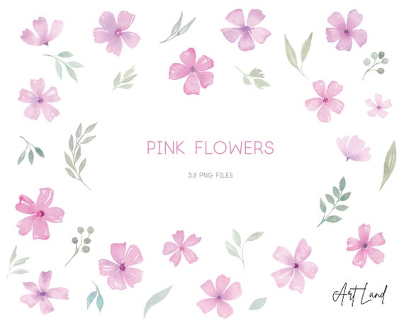 Watercolor Pink Flowers, Leaves: 53 Hand-Painted Elements (PNG, Digital Download, Free Commercial Use, No-AI)