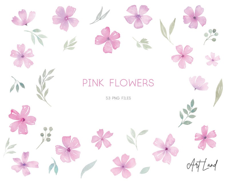 May include: A collection of 53 watercolor pink flowers with green leaves. The flowers are in various sizes and shapes. The text "PINK FLOWERS" and "53 PNG FILES" is written in the center of the image. The text "Art Land" is written in the bottom right corner of the image.