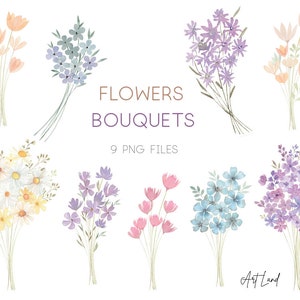Watercolor Bouquet Clipart Set – 9 Hand-Painted Blue & Purple Flower Arrangements PNGs for DIY Crafts, Daisy Bouquets, Free Commercial Use