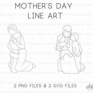 母の日の線画 SVG PNG ファイル、お母さんと子どものクリップアート、ミニマリストのお母さんのイラスト、母の日のギフトに印刷できるアート