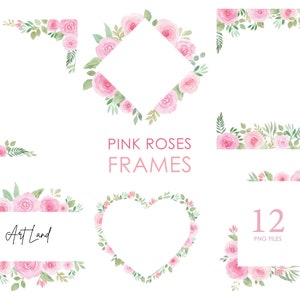 Watercolor Floral Clipart Frames Border Pink Roses Flower, Watercolour Clip Art Digital Download Free Commercial Use PNG, Heart Frame
