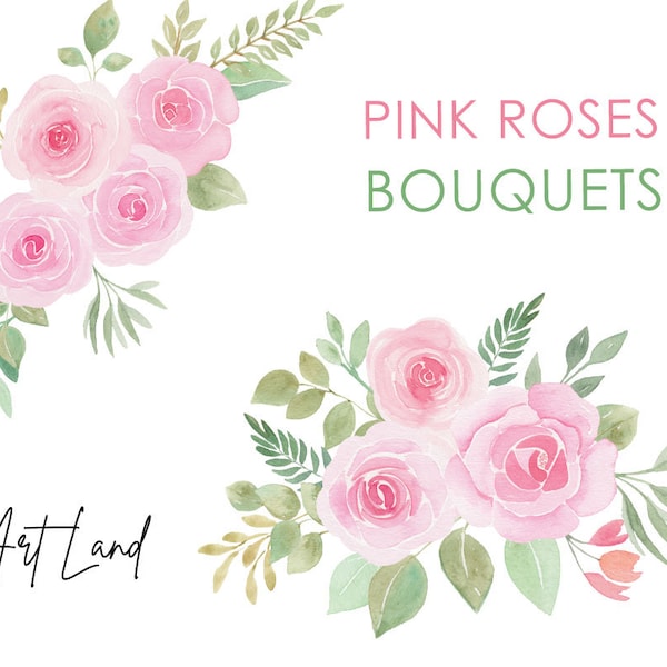 Watercolor Floral Clipart Pink Roses Bouquet Flower, Watercolour Clip Art Digital Download Free Commercial Use PNG, Clipart Set Bouquets