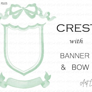 Puede incluir: Ilustración en acuarela de un escudo con una pancarta y un lazo en tonos verde claro. El diseño incluye un escudo en forma de escudo, un lazo y una pancarta, con las palabras "CREST with BANNER & BOW".