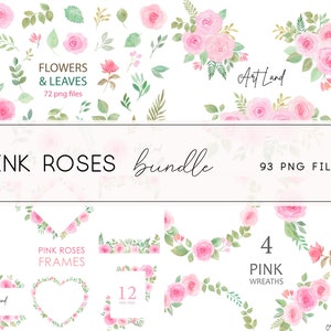 Könnte beinhalten: Ein digitales Illustrationspaket mit rosa Rosen, Blättern und floralen Rahmen. Das Paket enthält 93 PNG-Dateien, davon 72 Blumen und Blätter, 12 Rahmen und 4 Kränze. Der Text "PINK ROSES bundle" befindet sich oben im Bild.