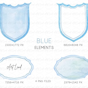 Brasões e bordas azuis em aquarela, clipart de escudo e etiqueta pintados à mão, molduras com bordas azuis para convites, cartões, chá de bebê de príncipe