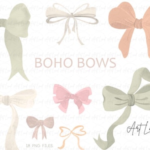 Watercolor Boho Bows Clipart – 18 Hand-Painted Ribbon Bows PNG, Gift Bow Clipart Set, High-Resolution Digital Art, Instant Download