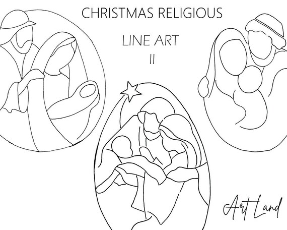 Line Art Nativity Clipart: 3 Hand-Painted Religious Christmas (SVG, PNG, Digital Download, Free Commercial Use)
