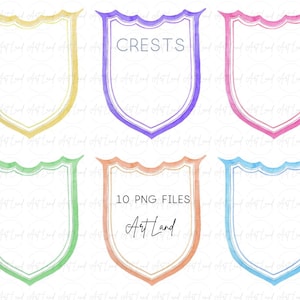 Conjunto de clipart de moldura de crista multicolorida, 10 bordas de escudo pintadas à mão PNG, design de moldura de etiqueta, convites, cartão, chá de bebê, download digital