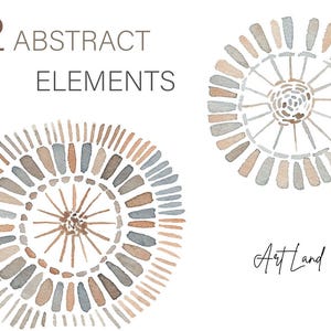 Peut inclure: Deux illustrations abstraites d'aquarelle de motifs circulaires dans des tons de brun, beige et gris. Les motifs sont composés de petits cercles qui se chevauchent et créent un effet texturé.