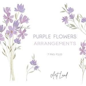 Watercolor Purple Floral Arrangements Clipart – 7 Hand-Painted PNG Bouquets for DIY Crafts, Invitations, Free Commercial Use