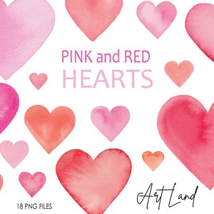 Clipartset aquarel roze en rood hart – 18 handgeschilderde liefdespng-bestanden voor doe-het-zelf Valentijnsdag, kaarten, uitnodigingen, gratis commercieel gebruik