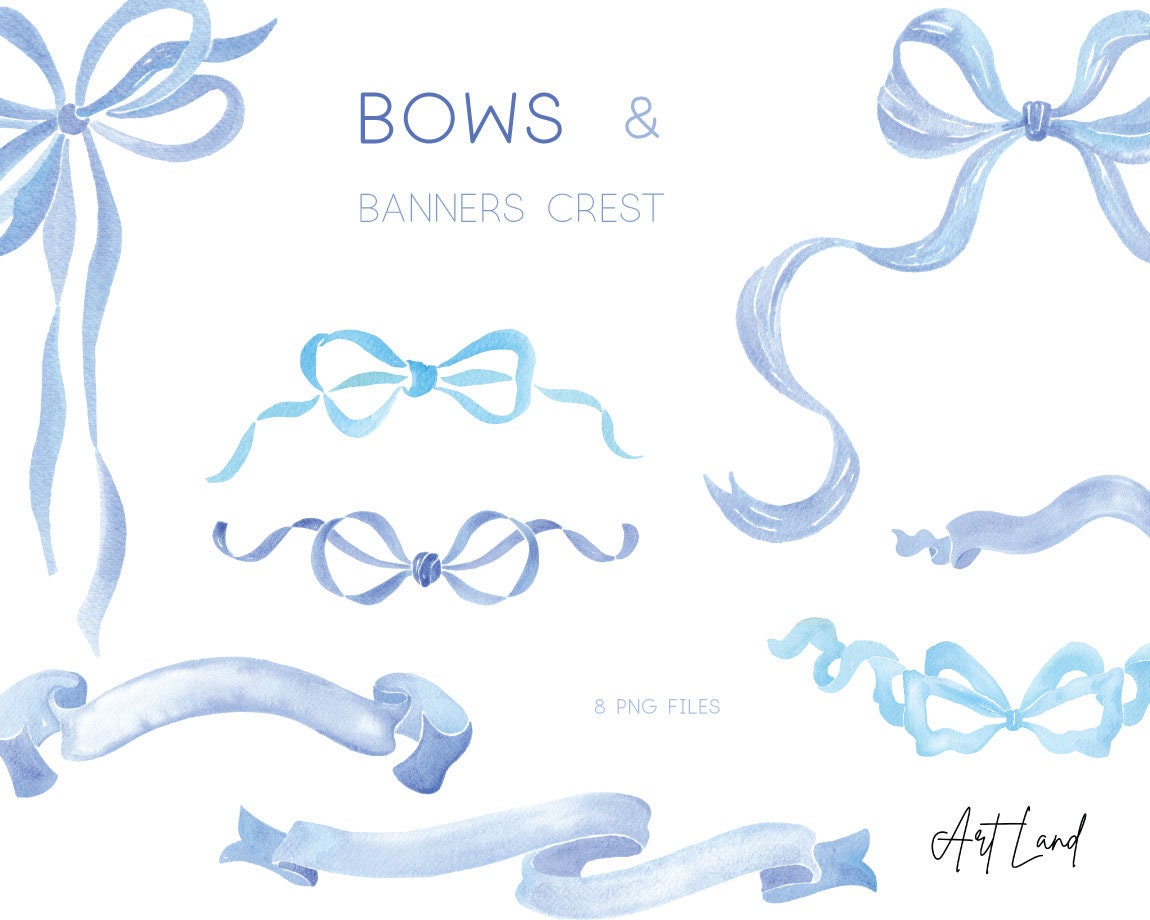 Watercolor Blue Bow Gift Ribbon Digital Overlay Clip Art, Set of 6