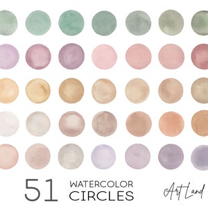 Puede incluir: 51 círculos de acuarela en varios tonos de verde, rosa, beige y morado. Los círculos están dispuestos en una cuadrícula. El texto "51 Watercolor Circles" y "Art Land" está en la parte inferior de la imagen.