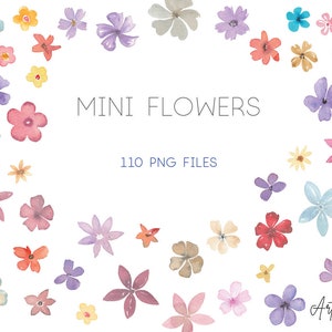 以下が含まれることがあります： 水彩のミニフラワーPNGファイル110個のセット。花はピンク、ブルー、イエロー、パープルなど様々な色があります。花は「MINI FLOWERS」と「110 PNG FILES」のテキストの周りに円形に配置されています。
