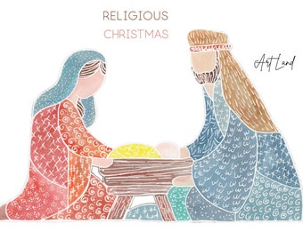 Watercolor Nativity Scene Clipart: Hand-Painted Holy Family Element (PNG, Digital Download, Free Commercial Use)