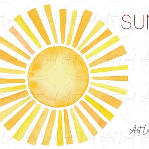 Aquarel zon clipart – 1 handgeschilderde geeloranje zon png voor zomer, zon decor, doe-het-zelfprojecten, gratis commercieel gebruik