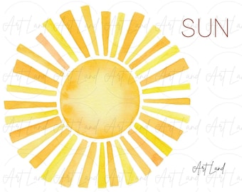 Watercolor Sun Clipart – 1 Hand-Painted Yellow Orange Sun PNG for Summer, Sunshine Decor, DIY Projects, Free Commercial Use