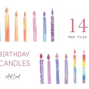 Watercolor Birthday Candles Clipart, Candle Watercolor Clip Art, Rainbow Candle, Clip Art, PNG