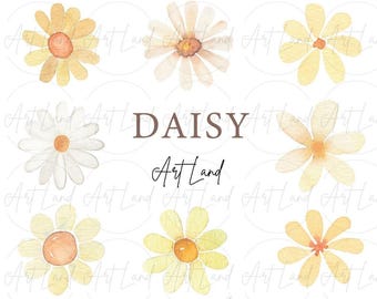 Watercolor Daisy Clipart – 18 Hand-Painted Spring Floral Elements, Chamomile Clip Art Set, Instant Download, PNG, Commercial Use