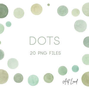 Op de afbeelding: Een set van 20 aquarel stippen in groen en beige, perfect om een ​​natuurlijke touch aan je ontwerpen toe te voegen. De stippen zijn in verschillende maten en zijn willekeurig gerangschikt. De tekst "DOTS" en "20 PNG FILES" staat in zwarte tekst onder de stippen. De tekst "Art Land" staat in zwarte tekst in de rechterbenedenhoek van de afbeelding.