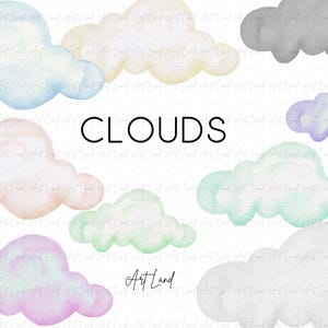 Watercolor Cloud Clipart Set, Hand-Painted Pastel Clouds, Digital Cloud Elements, Sky Illustrations, PNG Files, DIY Crafting Supplies