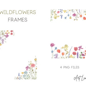 Marcos de flores silvestres de acuarela, flores silvestres con borde, imágenes prediseñadas de acuarela, descarga digital, uso comercial gratuito PNG, marcos de imágenes prediseñadas