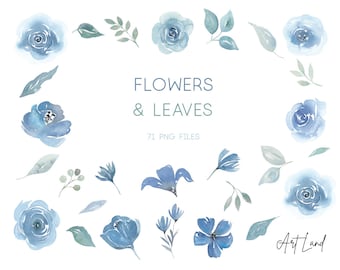 May include: A set of 71 blue watercolor illustrations of flowers and leaves. The flowers are in various stages of bloom, and the leaves are in different shapes and sizes. The illustrations are perfect for adding a touch of elegance to any project.