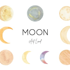 Moon Watercolor Clip Art Set, Moon Hand painted Watercolour Clipart, Crescent Moon, Watercolor set Clipart, Night Clip Art, PNG