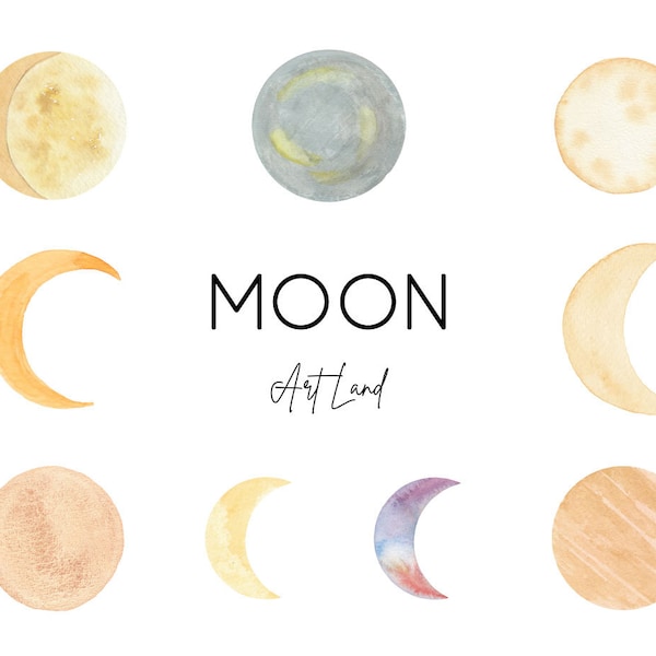 Moon Watercolor Clip Art Set, Moon Hand painted Watercolour Clipart, Crescent Moon, Watercolor set Clipart, Night Clip Art, PNG