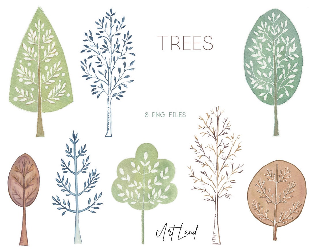 Watercolor Trees Clipart: 8 Hand-painted Tree Elements (PNG, Digital ...