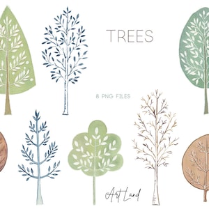 Watercolor Trees Clipart Set – 8 Hand-Painted Tree PNGs for DIY Crafts, Nature Designs, Invitations, Free Commercial Use, Digital Download