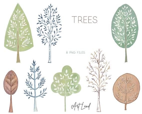 Watercolor Trees Clipart: 8 Hand-Painted Tree Elements (PNG, Digital Download, Free Commercial Use, No-AI)