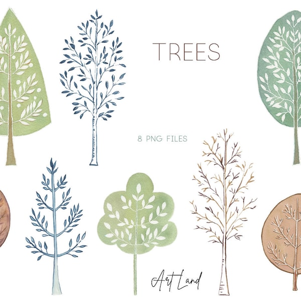 Watercolor Trees Clipart, Watercolor Trees Clip Art, Watercolour Clip Art Digital Download Free Commercial Use, PNG