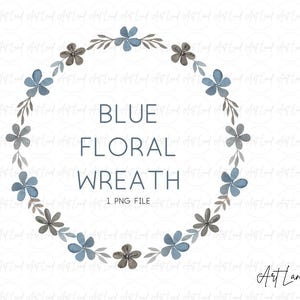 Aquarel blauwe bloemenkrans PNG, handgeschilderde bloemkrans clipart, botanische blauwe bloemenlijst voor huwelijksuitnodigingen, kaarten