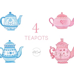 May include: Four watercolor illustrations of teapots. Two teapots are blue and white with floral designs. Two teapots are pink with floral and heart designs. The text "4 TEAPOTS" is written in pink.