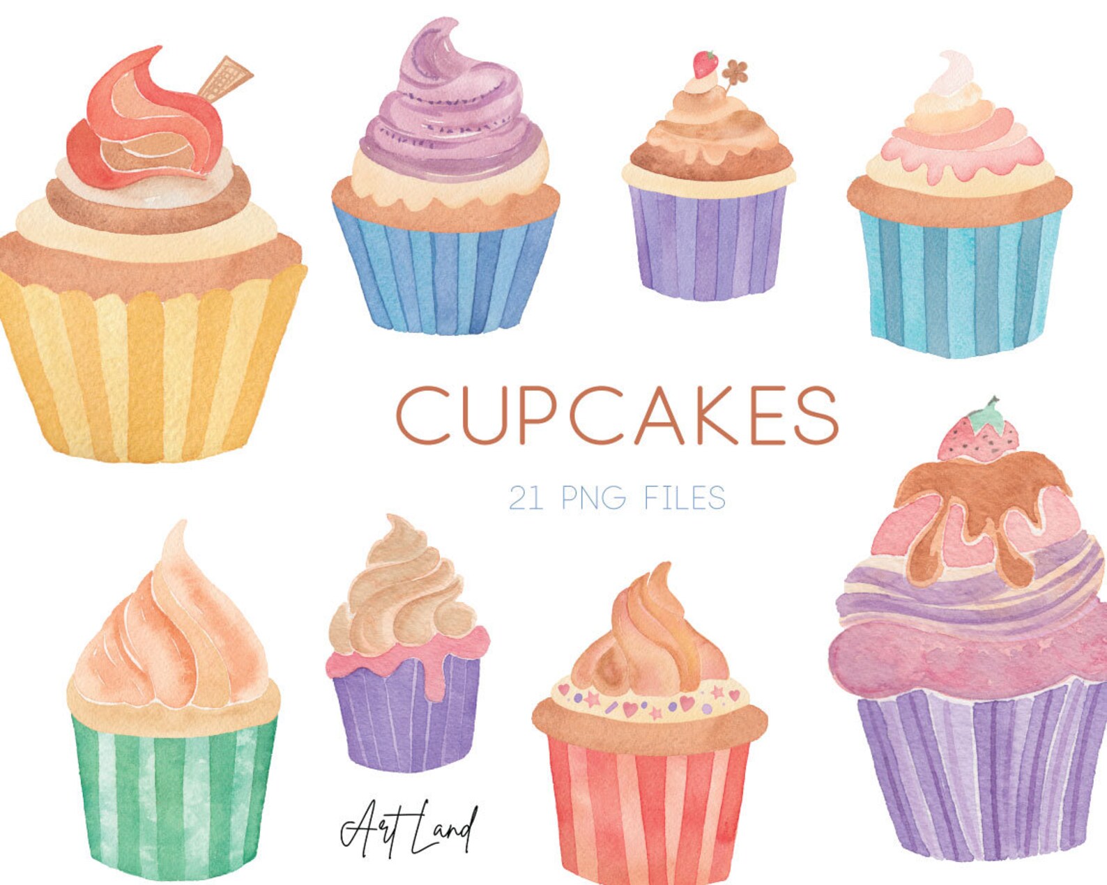 Watercolor Cupcakes Clipart: 21 Hand-painted Birthday Party (PNG ...