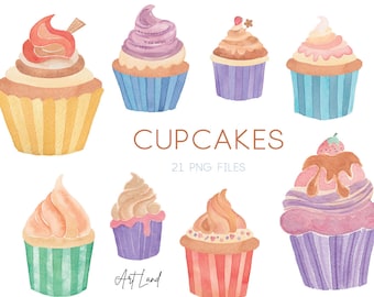 Watercolor Cupcakes Clipart: 21 Hand-Painted Birthday Party (PNG, Digital Download, Free Commercial Use, No-AI)