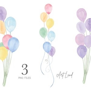 May include: Three sets of watercolor painted balloons in various pastel colors. The first set is a cluster of light blue, yellow, pink, green, and purple balloons. The second set is a cluster of light blue, green, yellow, and pink balloons. The third set is a cluster of purple, pink, and light blue balloons. The text "Art Land" is written in cursive at the bottom of the image.