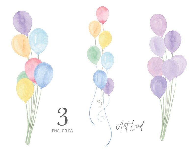 May include: Three sets of watercolor painted balloons in various pastel colors. The first set is a cluster of light blue, yellow, pink, green, and purple balloons. The second set is a cluster of light blue, green, yellow, and pink balloons. The third set is a cluster of purple, pink, and light blue balloons. The text "Art Land" is written in cursive at the bottom of the image.