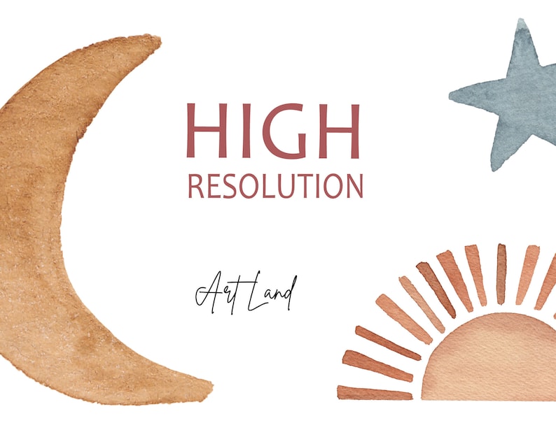 May include: A digital illustration of a crescent moon, a star, and a sun with rays. The illustration is in a watercolour style with brown, orange, and blue colours. The text "HIGH RESOLUTION" and "Art Land" is included in the image.