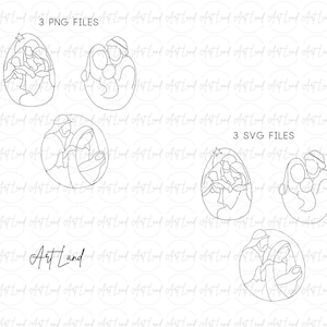 May include: A set of three black and white line art illustrations of the nativity scene. The illustrations are in a circle shape and feature Mary, Joseph, and baby Jesus. The illustrations are perfect for Christmas crafts, cards, and decorations.