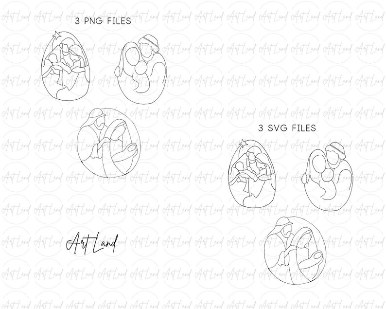 May include: A set of three black and white line art illustrations of the nativity scene. The illustrations are in a circle shape and feature Mary, Joseph, and baby Jesus. The illustrations are perfect for Christmas crafts, cards, and decorations.